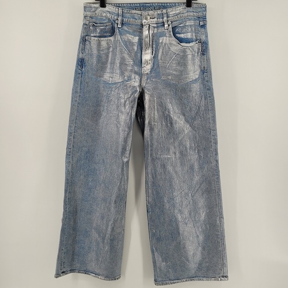 American Eagle Outfitters Denim - American Eagle Baggy Wide Leg Jeans Womens 10 Short Blue Silver Metallic‎ Coated